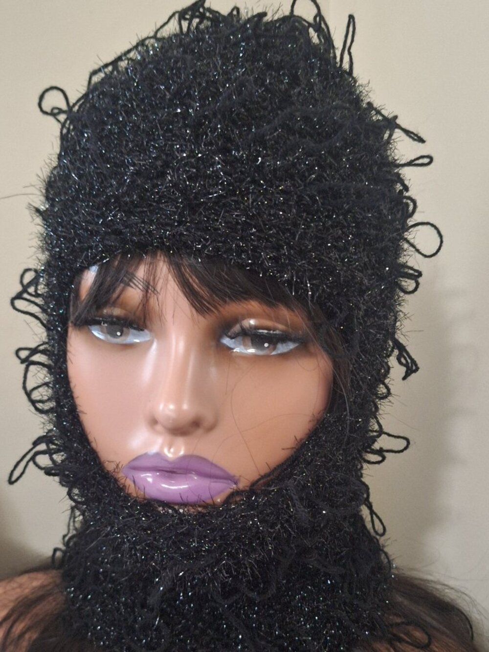 Handmade Black Textured Knit Balaclava Hood Acrylic Blend